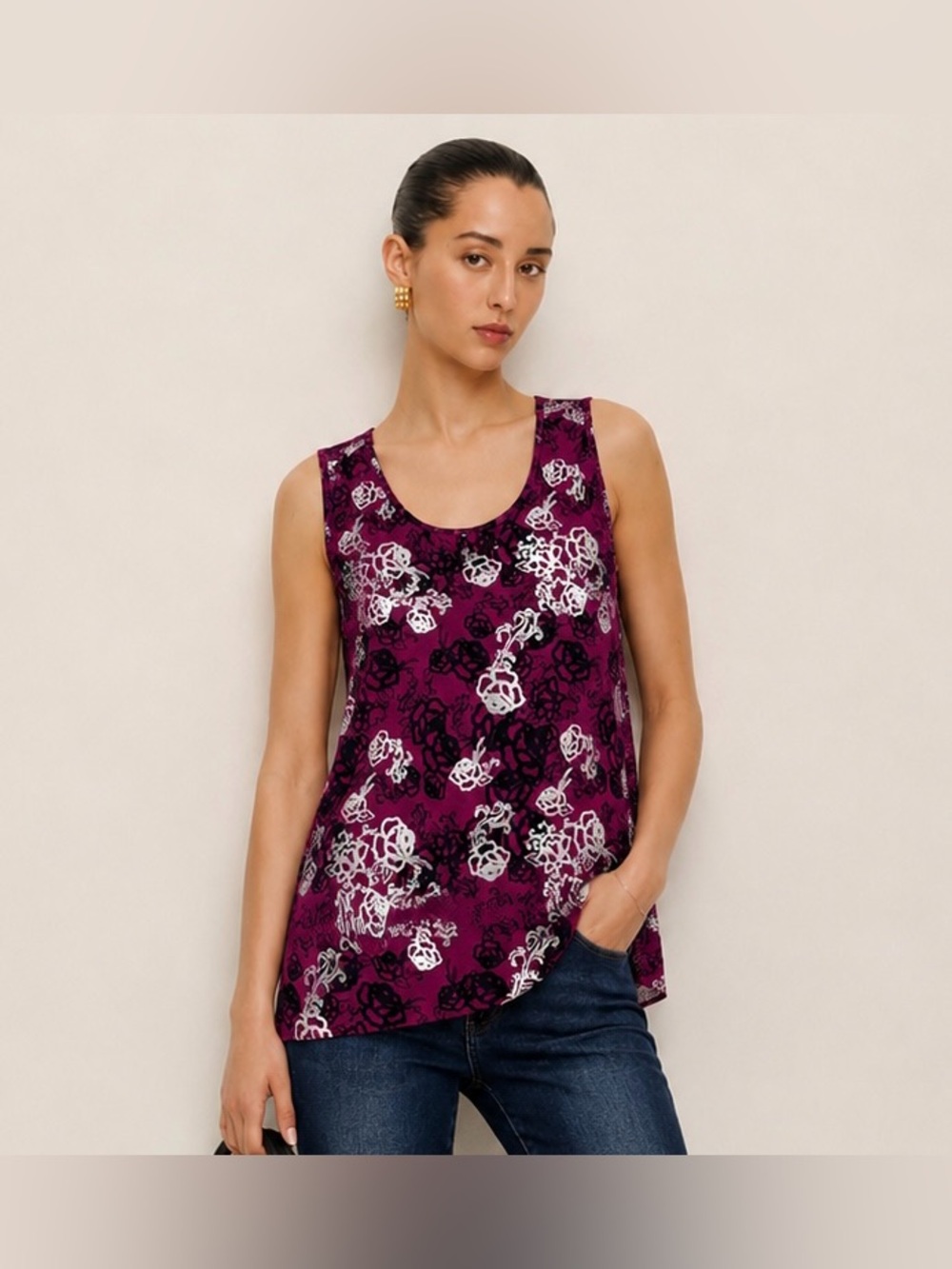 DG2 by Diane Gilman Women’s Purple Floral Sleeveless Stretch Tank Top Size S NWT